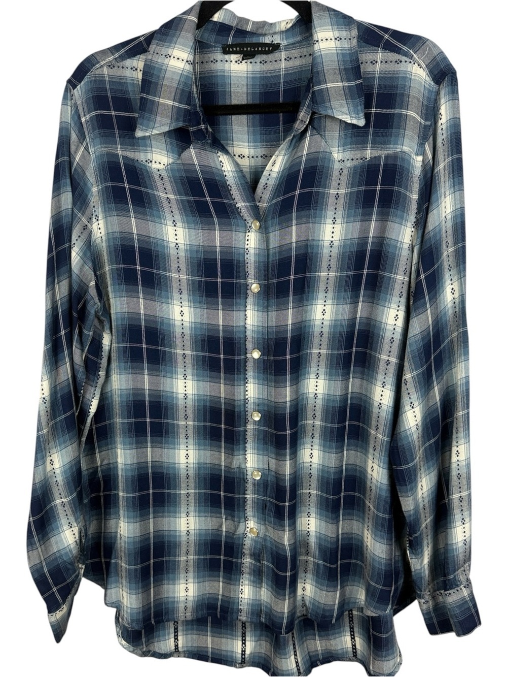 Jane and Delancey Blue Plaid Long Sleeve Snap Button-Up Large Tunic Blouse